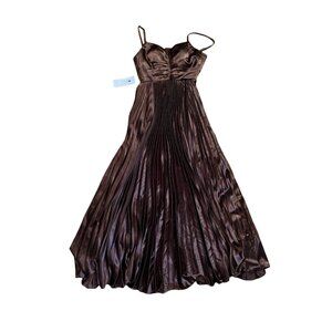 Brown Satin Pleated Maxi Dress Womens Elegant Formal Evening Gown Size 0